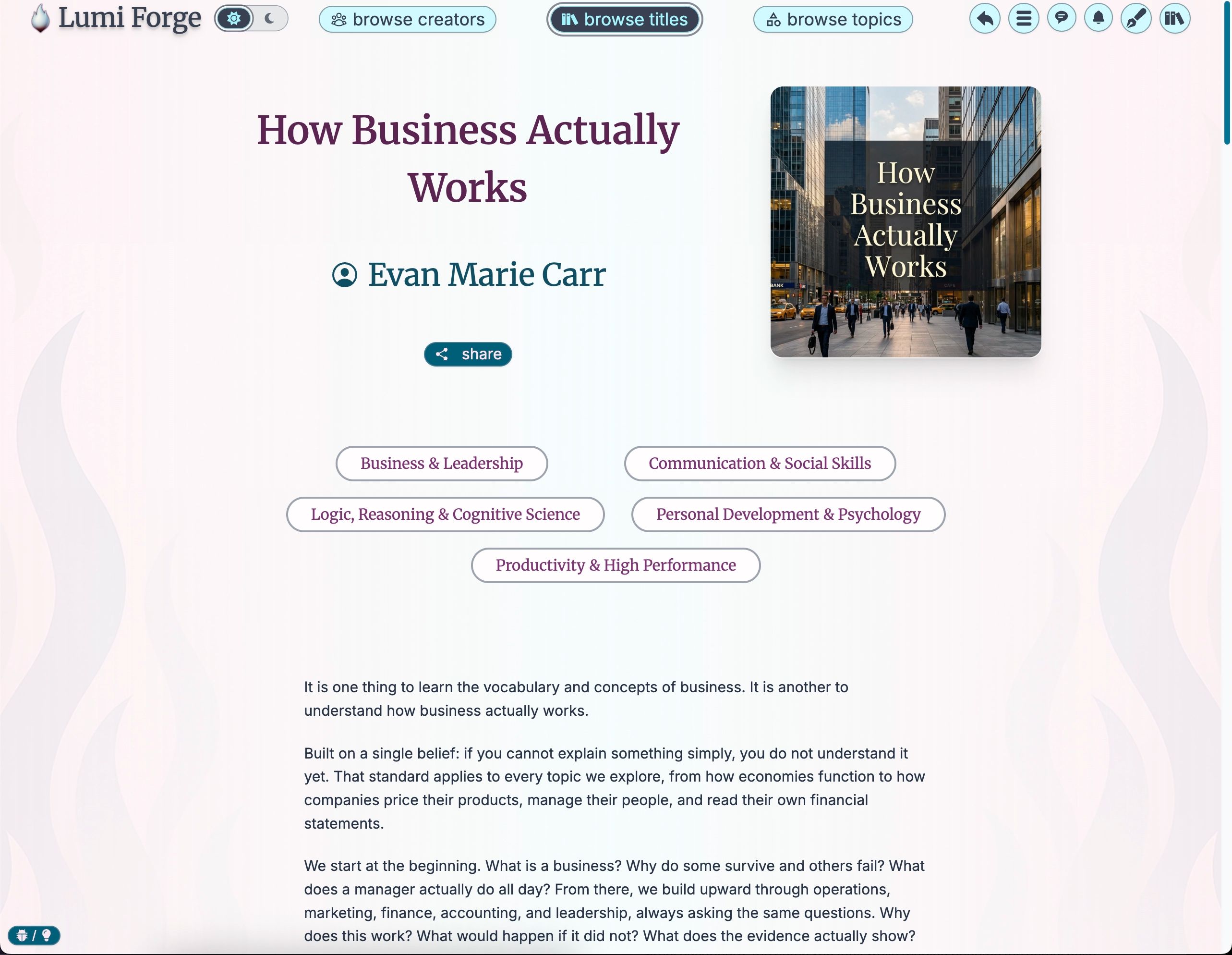 A Lumi Forge Resource information page showing the cover, description, creator bio, and a carousel of Highlights