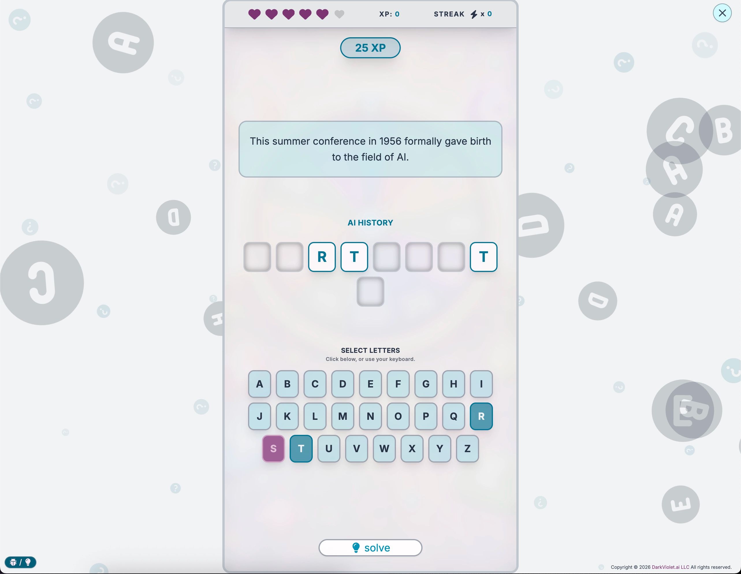 A Lumi Forge knowledge game in progress on a mobile-style portrait screen, showing the score, streak, and remaining lives