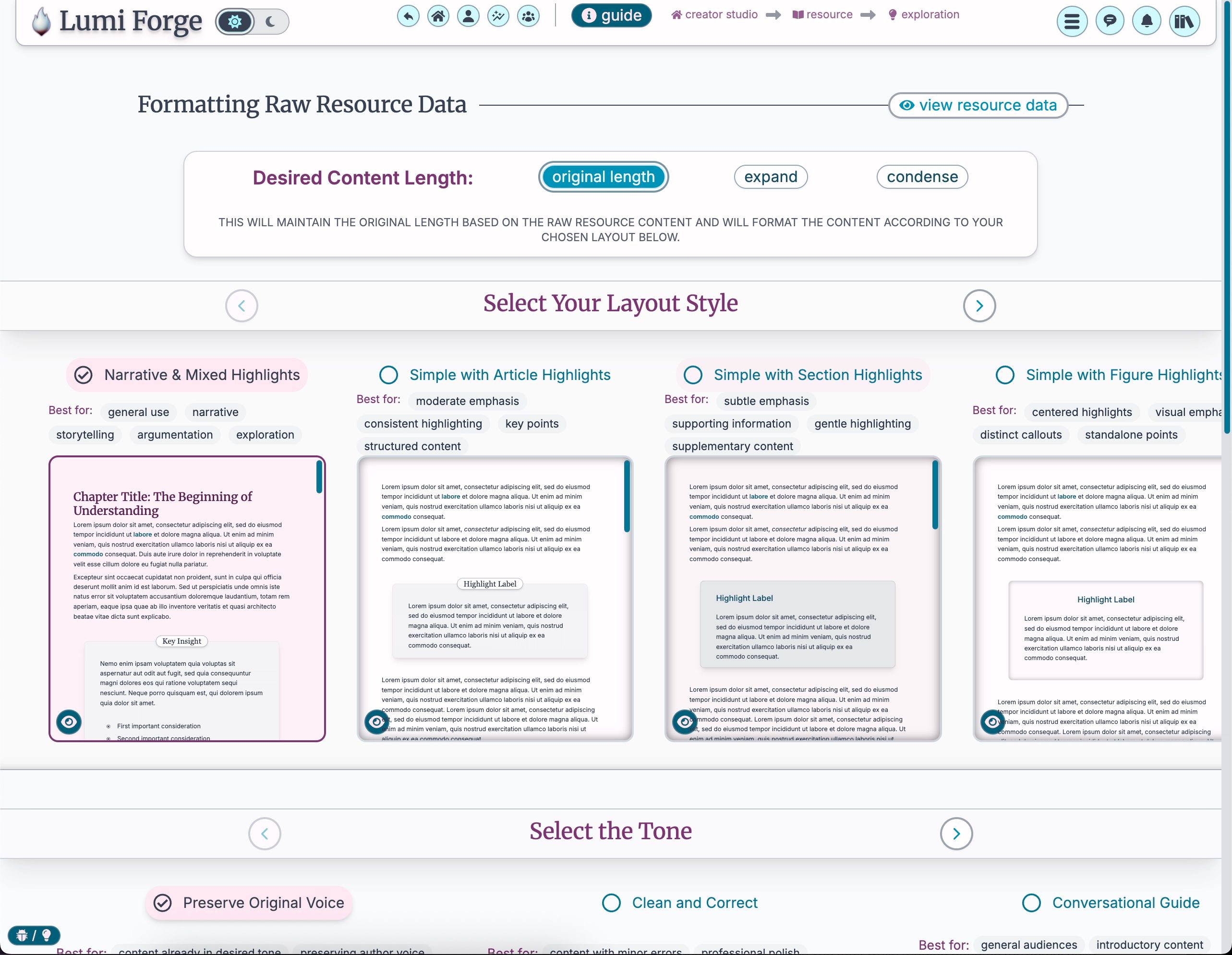 The Lumi Forge Creator Studio showing the content upload area and the length, layout, and tone transformation options before generation