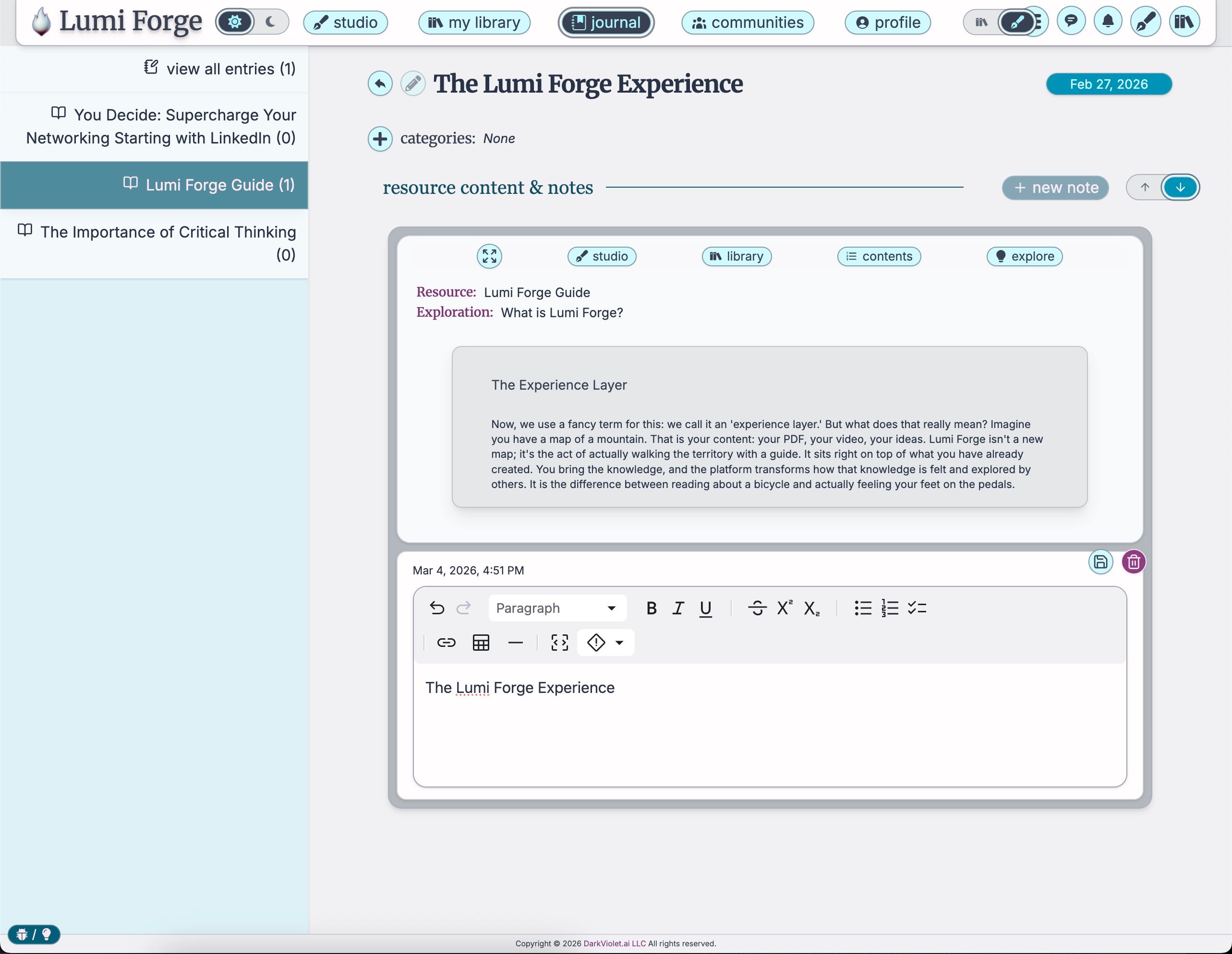 The Lumi Forge Journal dashboard showing captured notes with their source links and Markdown formatting